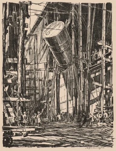 On the Clyde, 1917-1918: Lifting an Oil Tank into a Train Ferry by Muirhead Bone, print, 1917-1918