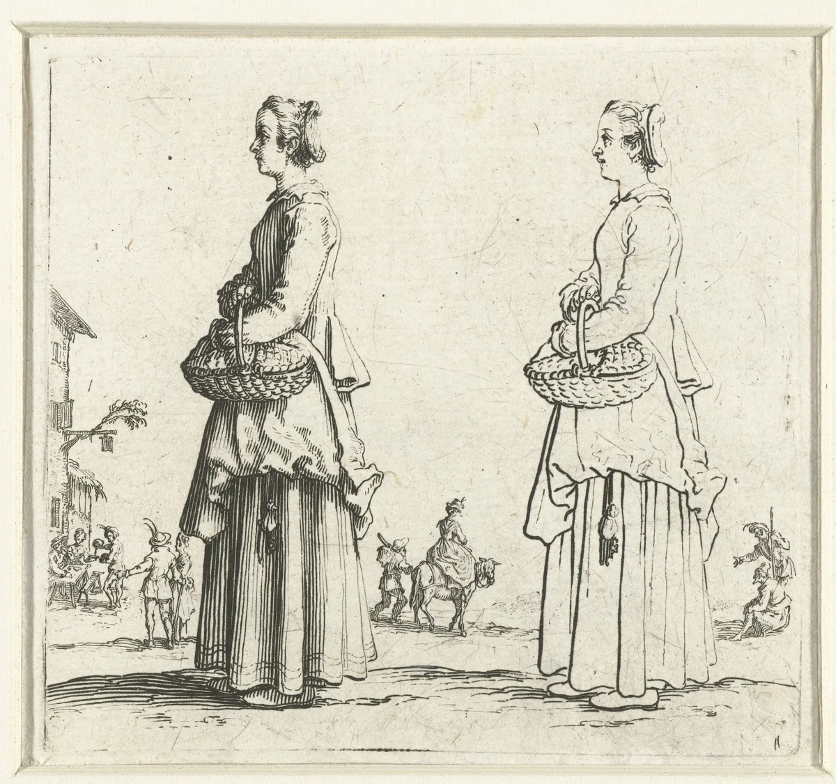 Tweemaal dezelfde boerin met rieten mand, op de linkerzijde gezien by Jacques Callot, print, 1621-1624