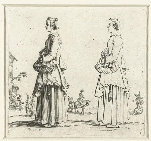 Tweemaal dezelfde boerin met rieten mand, op de linkerzijde gezien by Jacques Callot, print, 1621-1624