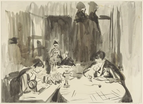 Interieur met drie figuren bij lamplicht by Rik Wouters, drawing, 1915