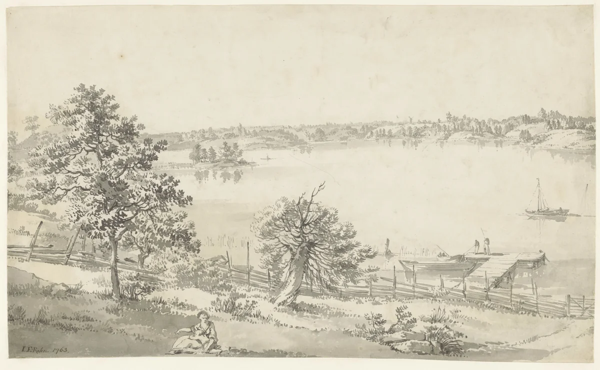 Gezicht op een breed water in de bergen met figuren op de voorgrond by Johan Eric Rehn, drawing, 1763