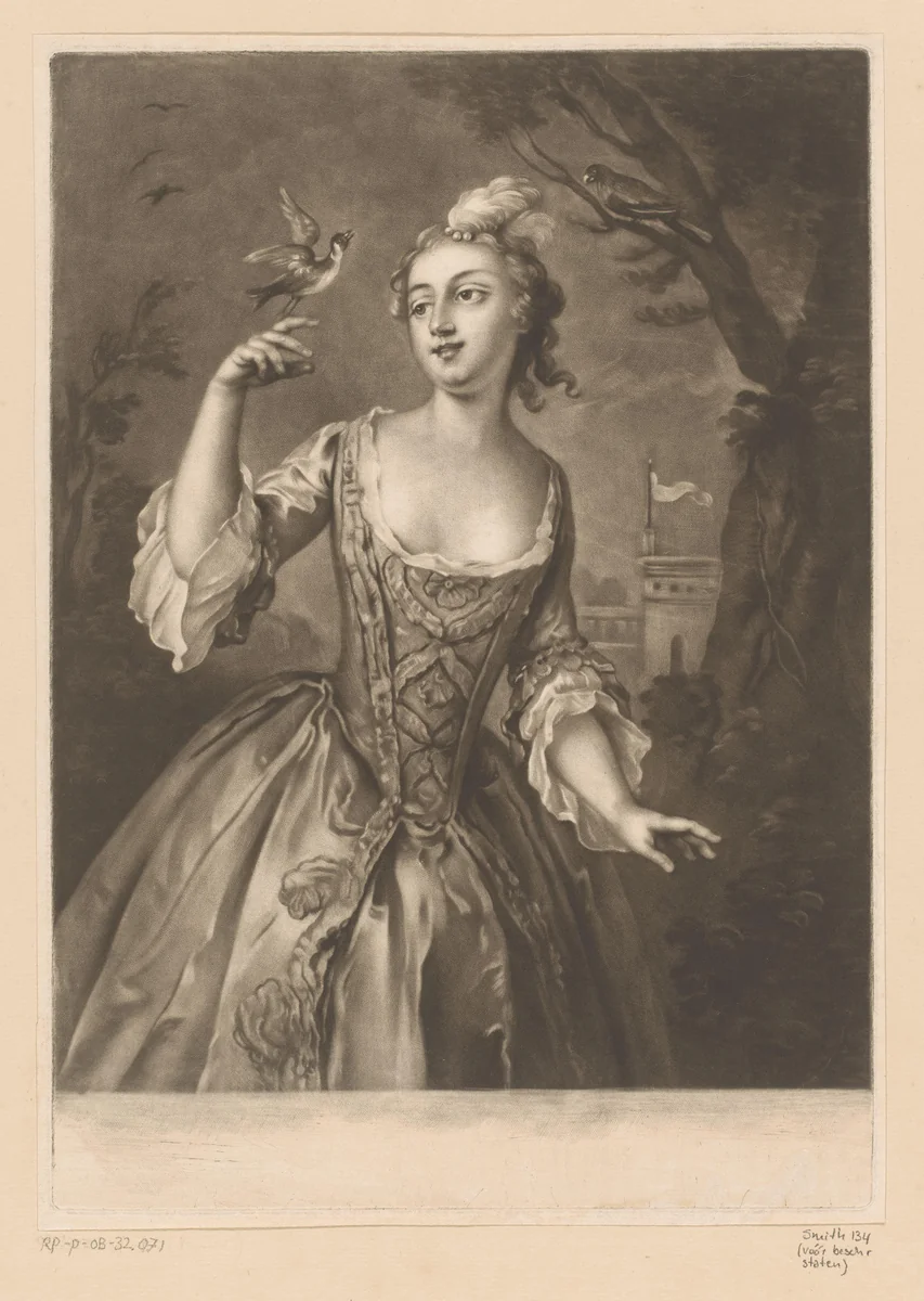 Jonge vrouw met zangvogels by Richard Houston, print, 1756
