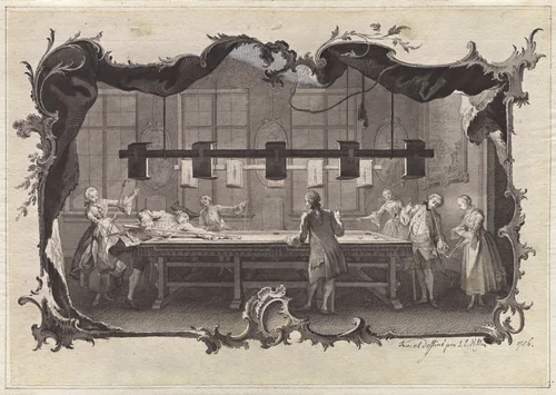 Ladies and Gentlemen Playing Billiards by Johann Esaias Nilson, drawing, 1756