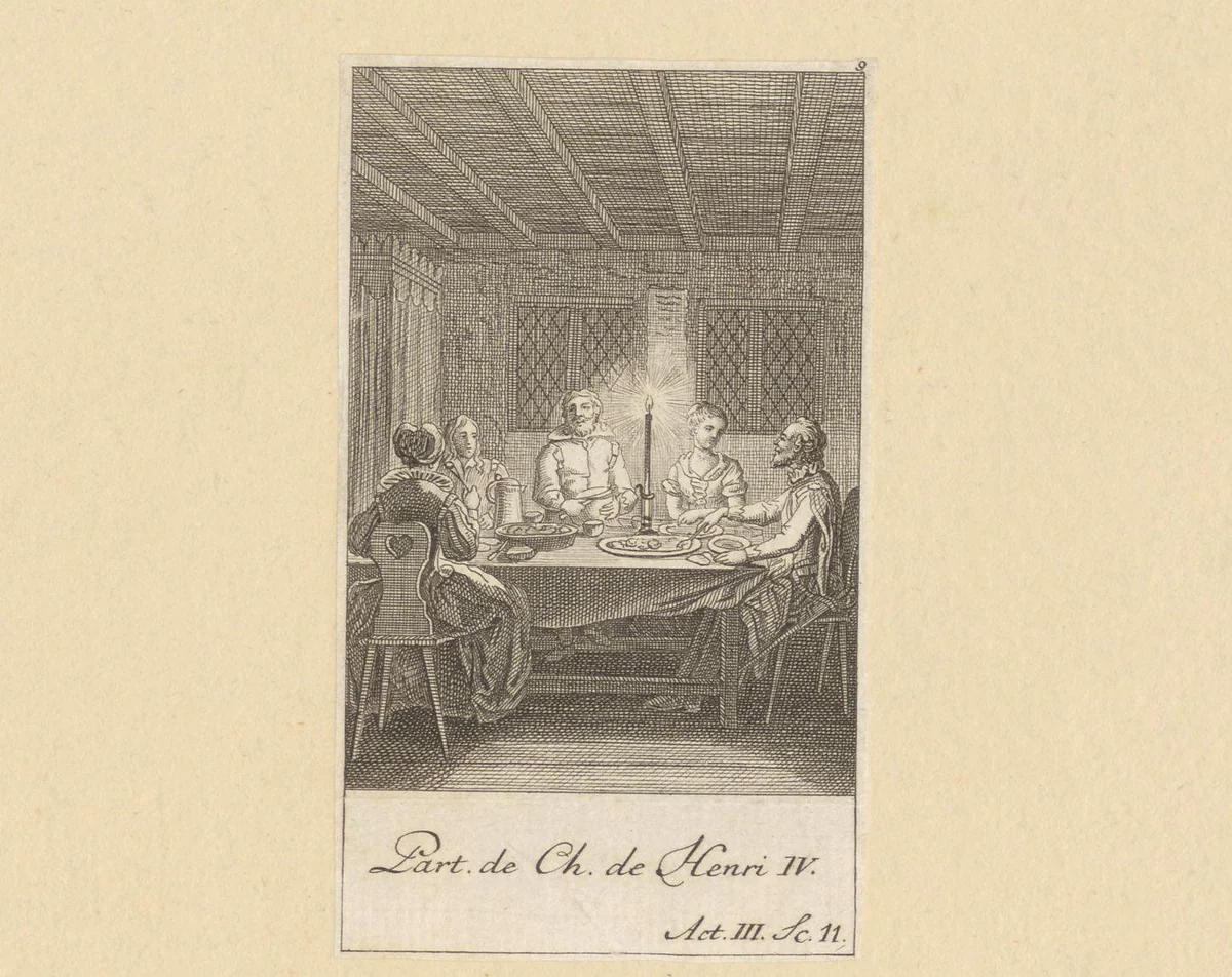 Hendrik IV aan tafel met Margot, Catau, Michau en Richard by Daniel Berger, print, 1774