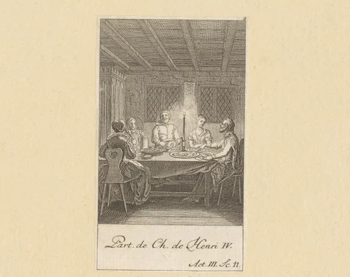 Hendrik IV aan tafel met Margot, Catau, Michau en Richard by Daniel Berger, print, 1774