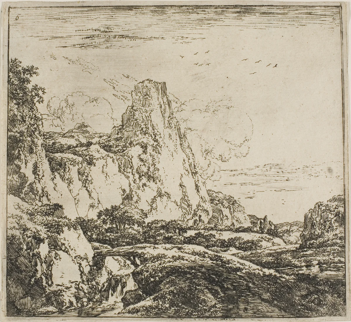 The Little Bridge near the Rock, from the series Set of Landscapes by Herman Naijwincx, print, 1644-1651