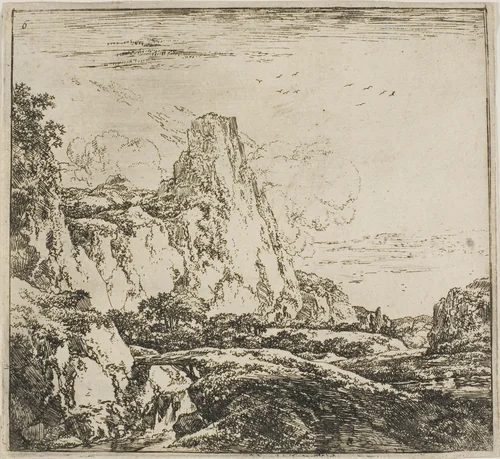 The Little Bridge near the Rock, from the series Set of Landscapes by Herman Naijwincx, print, 1644-1651