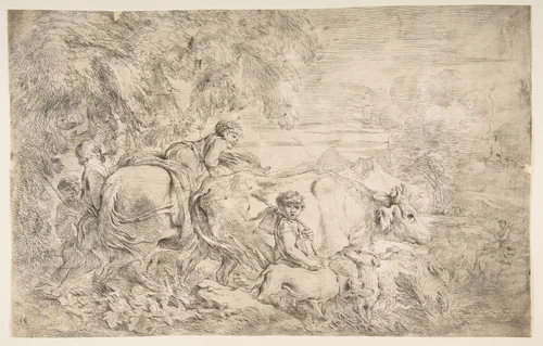 Shepherds with their flock by Giovanni Benedetto Castiglione, print, 1645-1660