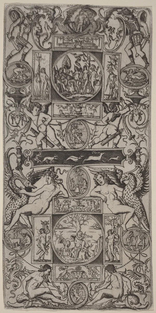 Ornament Panel with Orpheus and the Judgment of Paris by Nicoletto da Modena, print, 1507