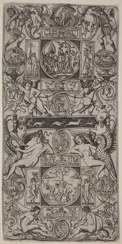 Ornament Panel with Orpheus and the Judgment of Paris by Nicoletto da Modena, print, 1507
