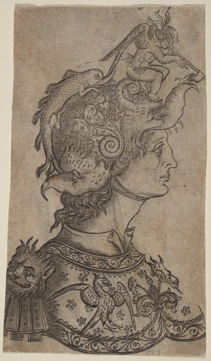 Man in a Fantastic Helmet by Italian 15th Century, print, 1470-1480