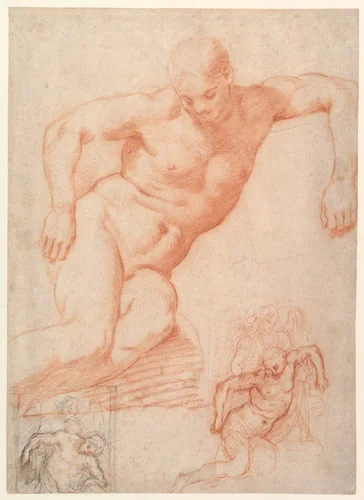 Studies of the Dead Christ supported by an Angel, with subsidiary studies for the same composition by Francesco Morandini, drawing, 1565-1575