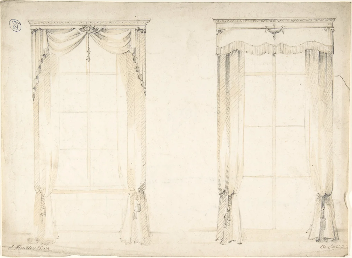 Designs for Two Sets of Curtains by Charles Hindley and Sons, drawing, 1841-1884