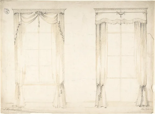 Designs for Two Sets of Curtains by Charles Hindley and Sons, drawing, 1841-1884