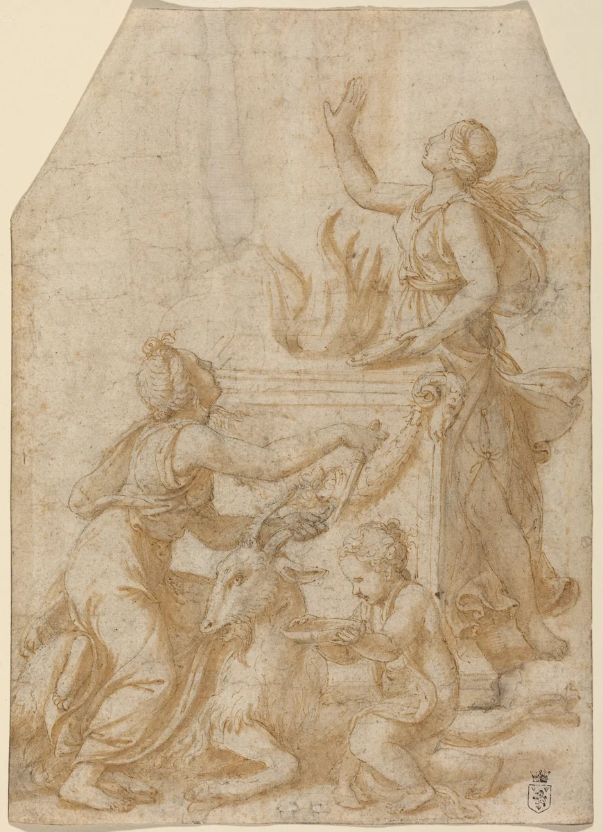 The Sacrifice of a Goat to Jupiter by Giulio Romano, drawing, 1522-1532