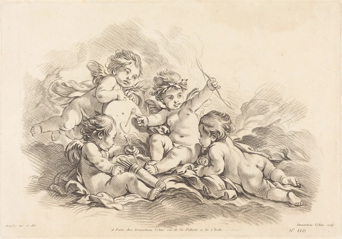 Four Cherubs at Target Practice by Gilles Demarteau the Elder, print, 1722-1776