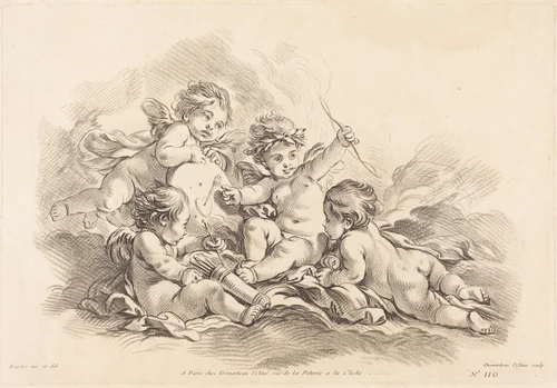 Four Cherubs at Target Practice by Gilles Demarteau the Elder, print, 1722-1776