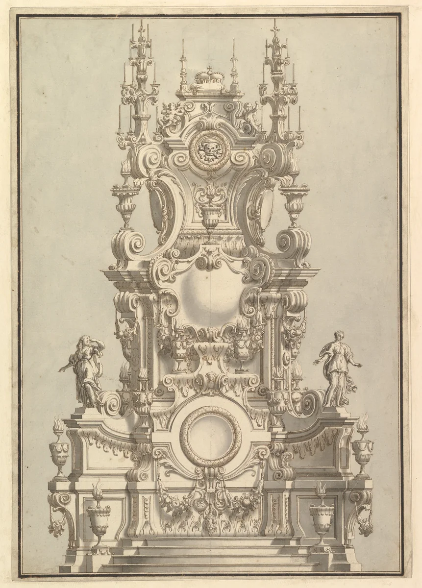 Elevation of a Catafalque, Surmounted by a Royal Crown, with Scull and Cross Bones in Wreath-Encircled Cartouche just below by Giuseppe Galli Bibiena, drawing, 1696-1756