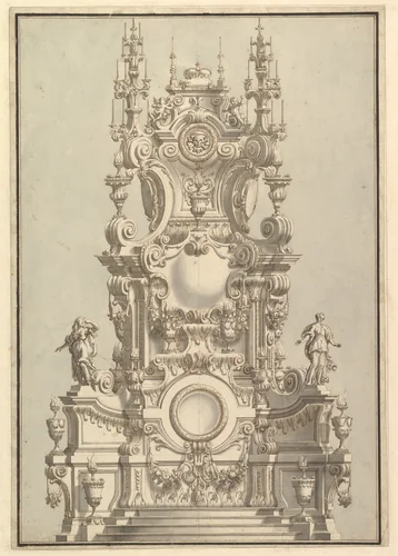 Elevation of a Catafalque, Surmounted by a Royal Crown, with Scull and Cross Bones in Wreath-Encircled Cartouche just below by Giuseppe Galli Bibiena, drawing, 1696-1756
