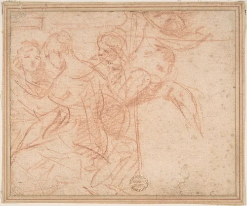 Three Female Figures and Seated Putto by anonymous, drawing, 1600-1700