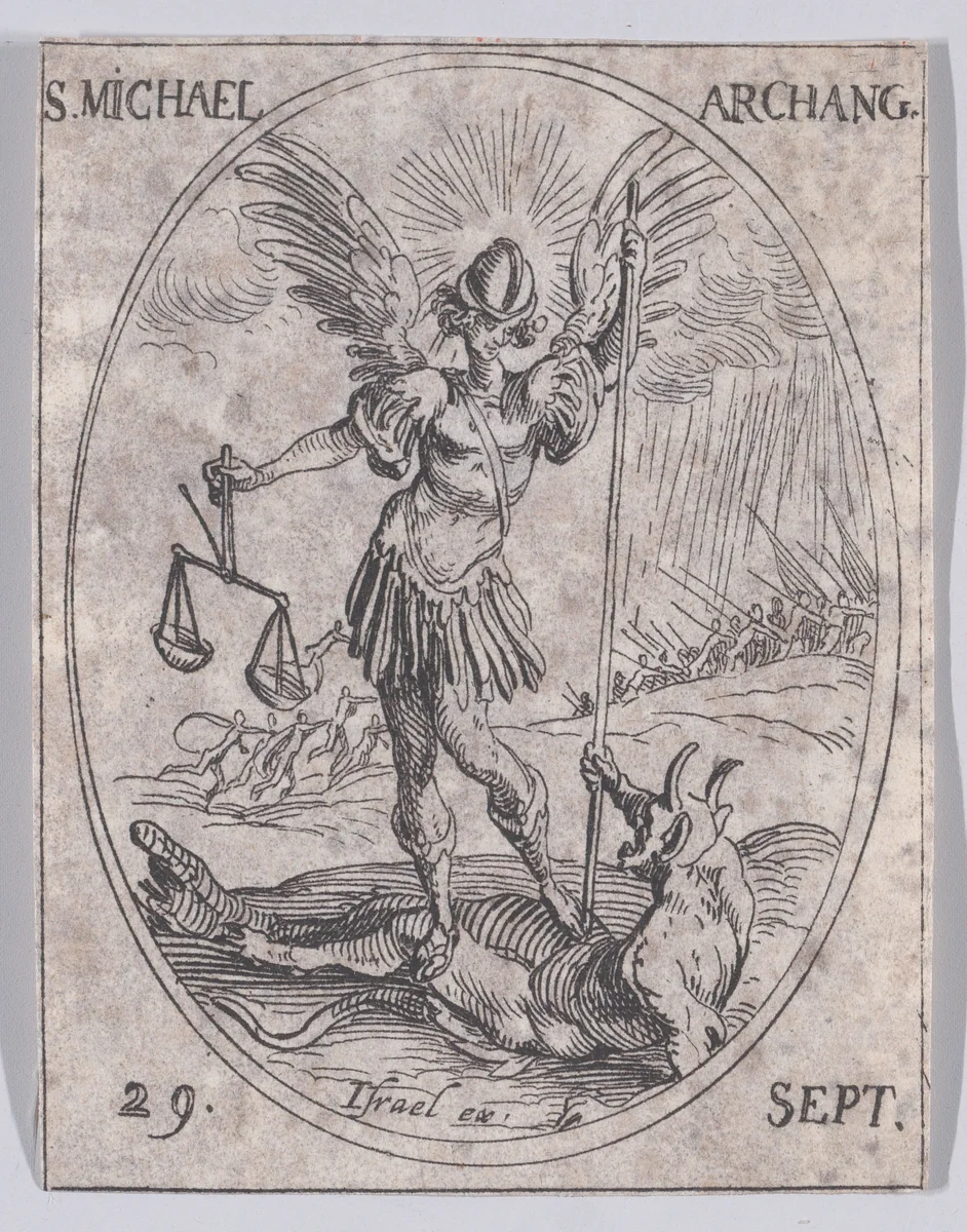S. Michel, archange (St. Michael, Archangel), September 29th, from "Les Images De Tous Les Saincts et Saintes de L'Année" (Images of All of the Saints and Religious Events of the Year) by Jacques Callot, print, 1636