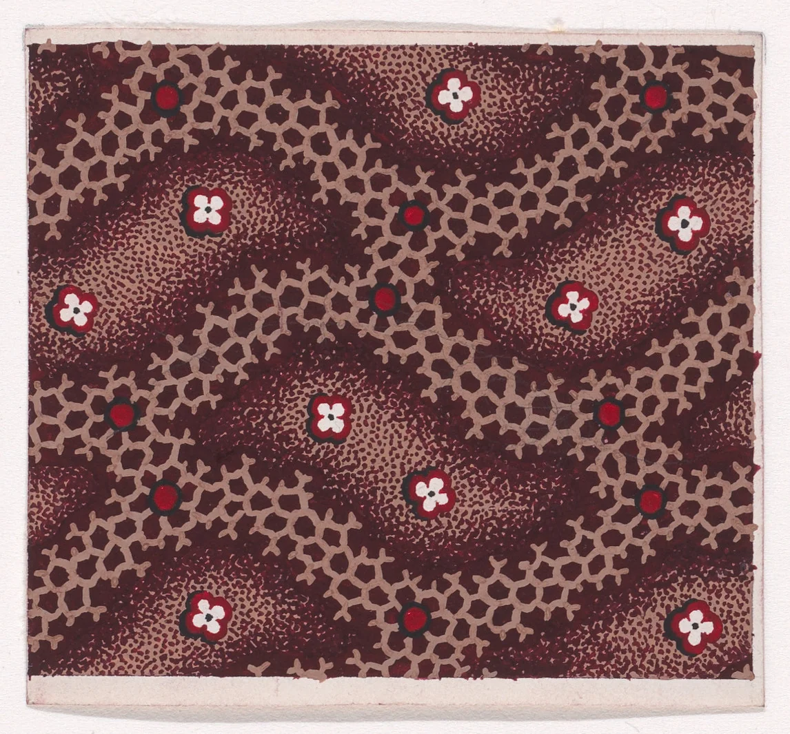 Textile Design with Alternating Stylized Leaves with Rosettes over a Background of a Honeycomb Pattern with Pearls by anonymous, drawing, 1840