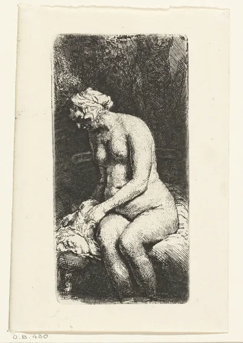 Woman bathing her feet at a brook by Rembrandt van Rijn, print, 1658