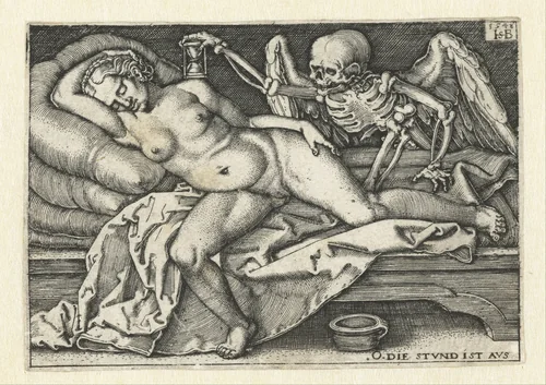 Dood en slapende jonge vrouw by Unknown, print, 1548