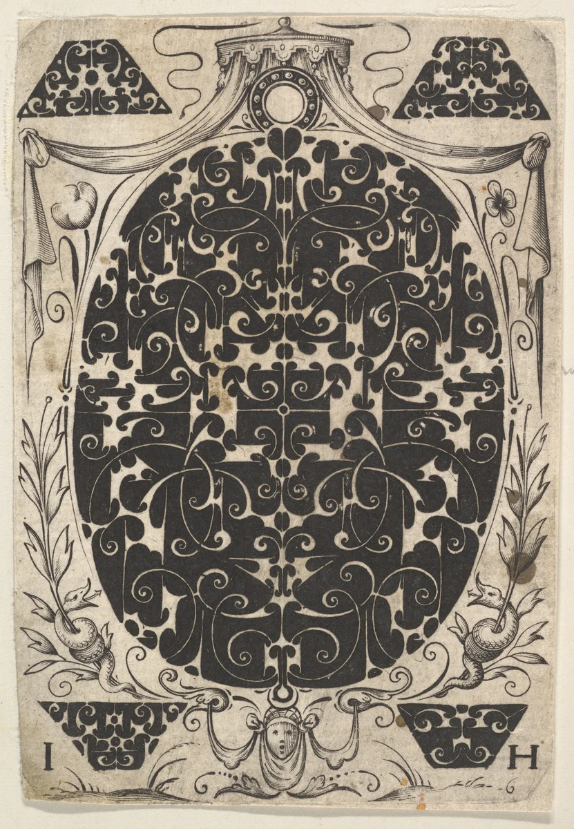 Oval Pendant Decorated with Schweifwerk, Surrounded by Smaller Motifs and Crowned by a Baldachin by Jacques Hurtu, print, 1614-1619