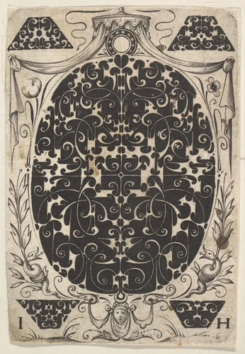 Oval Pendant Decorated with Schweifwerk, Surrounded by Smaller Motifs and Crowned by a Baldachin by Jacques Hurtu, print, 1614-1619