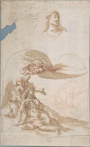 Saint in Ecstasy; Study of Saint's Head (recto); Sketches of Putti (verso) by anonymous, drawing, 1600-1700