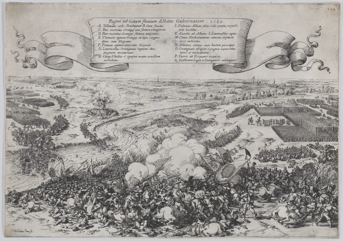 Battle scene: forces led by William of Orange crossing the Gete River to attack the Duke of Alba's army, from 'De Bello Belgico' by Johann Wilhelm Baur, print, 1632