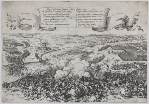 Battle scene: forces led by William of Orange crossing the Gete River to attack the Duke of Alba's army, from 'De Bello Belgico' by Johann Wilhelm Baur, print, 1632
