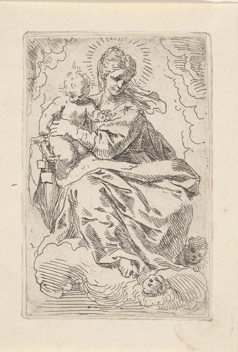 Maria met Kind op wolk by Simone Cantarini, print, 1622-1648