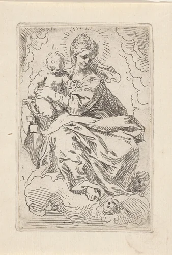 Maria met Kind op wolk by Simone Cantarini, print, 1622-1648