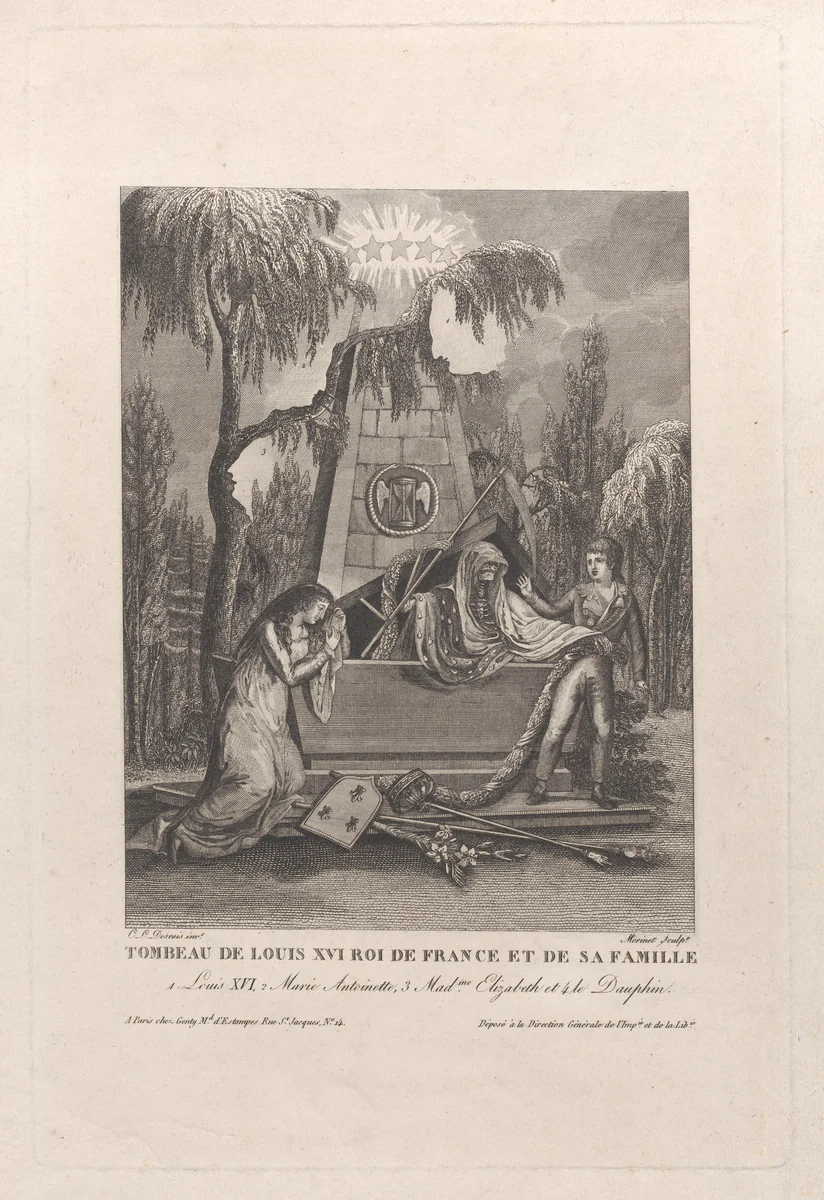 Tomb of Louis XVI and his family, with hidden silhouettes by anonymous, print, 1793-1800