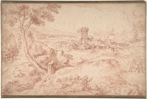 Landscape with an Old Woman Holding a Spindle, after Domenico Campagnola by Antoine Watteau, drawing, 1710-1720