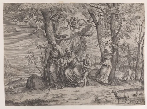 The rest on the flight into Egypt by Martino Rota, print, 1569