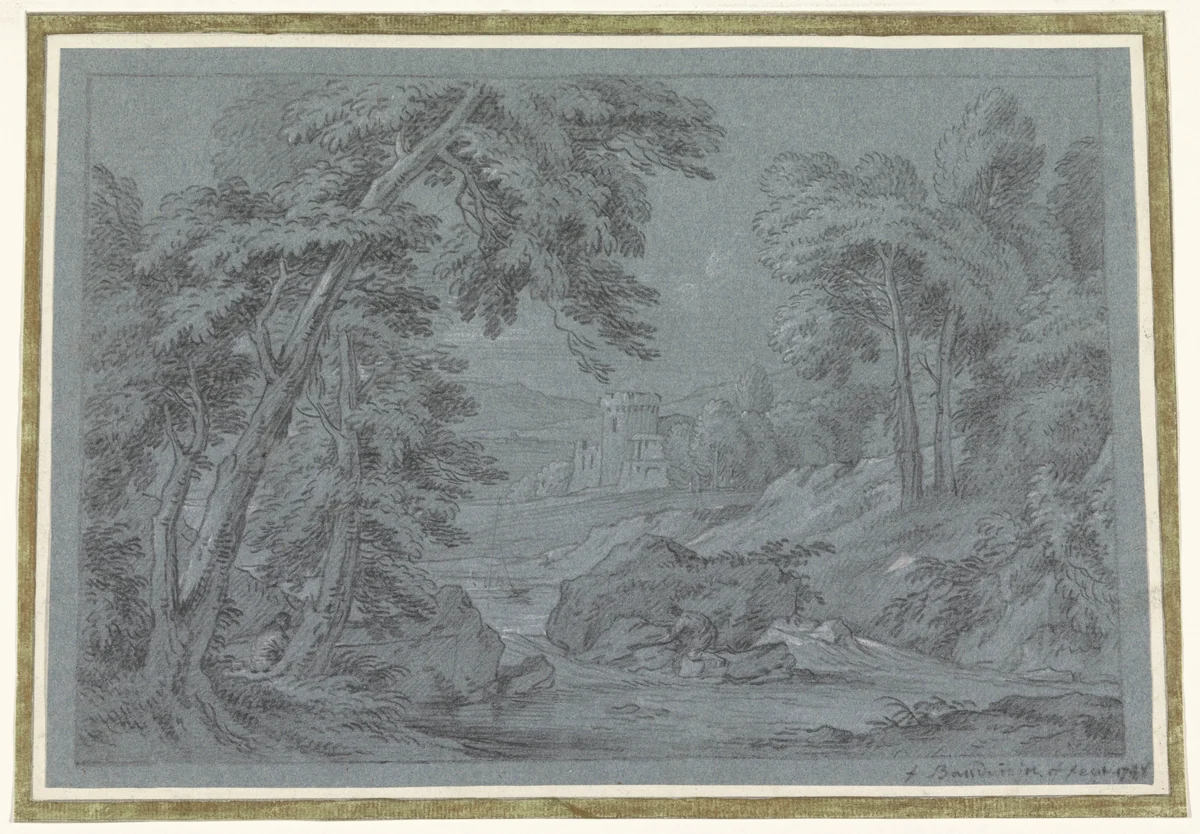 Landschap met rivier en in de verte een kasteel by Frans Boudewijns, drawing, 1748