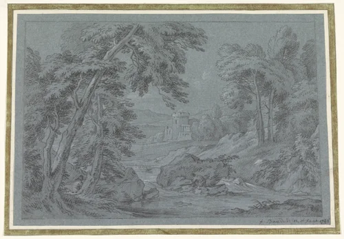 Landschap met rivier en in de verte een kasteel by Frans Boudewijns, drawing, 1748