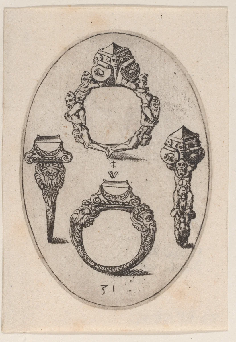 Designs for Four Rings, Plate 31 from 'Livre d'Aneaux d'Orfevrerie' by Pierre Woeiriot, print, 1561