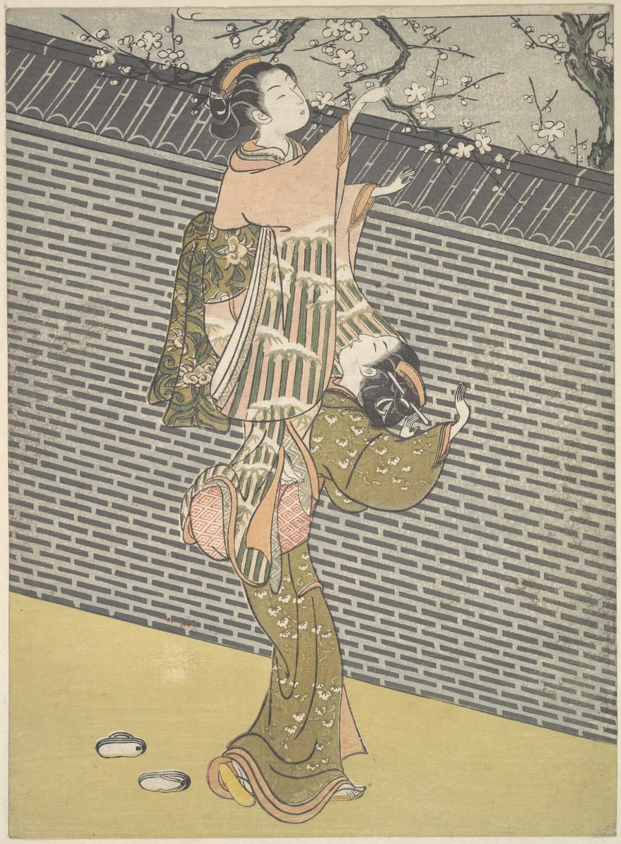 Plucking a Branch from a Neighbor's Plum Tree by Suzuki Harunobu (鈴木春信), print, 1758-1778