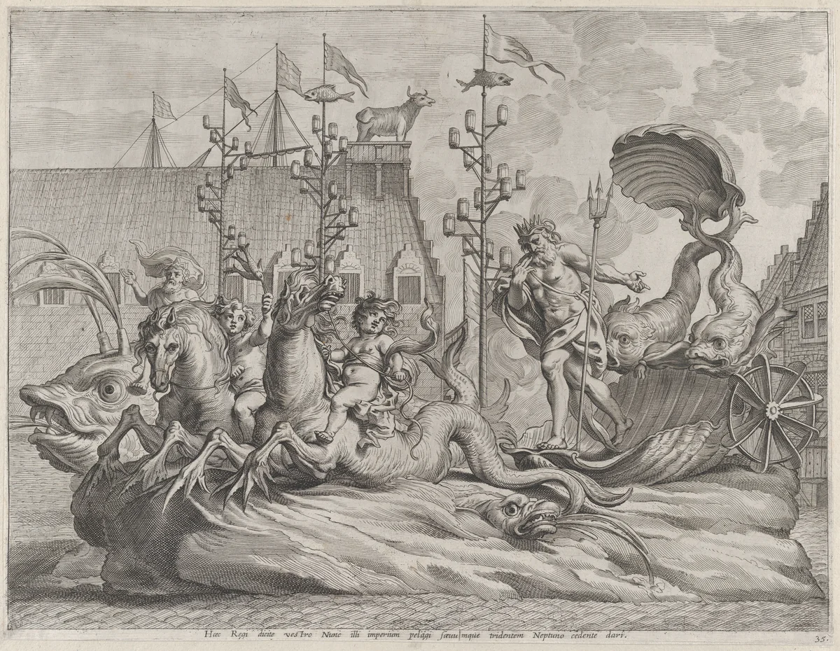 Plate 35: Philip of Spain as Neptune, riding in a chariot drawn by two sea horses; from Guillielmus Becanus's 'Serenissimi Principis Ferdinandi, Hispaniarum Infantis...' by Pieter de Jode II, print, 1636