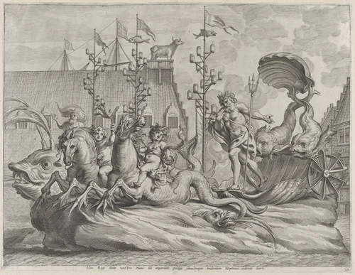 Plate 35: Philip of Spain as Neptune, riding in a chariot drawn by two sea horses; from Guillielmus Becanus's 'Serenissimi Principis Ferdinandi, Hispaniarum Infantis...' by Pieter de Jode II, print, 1636