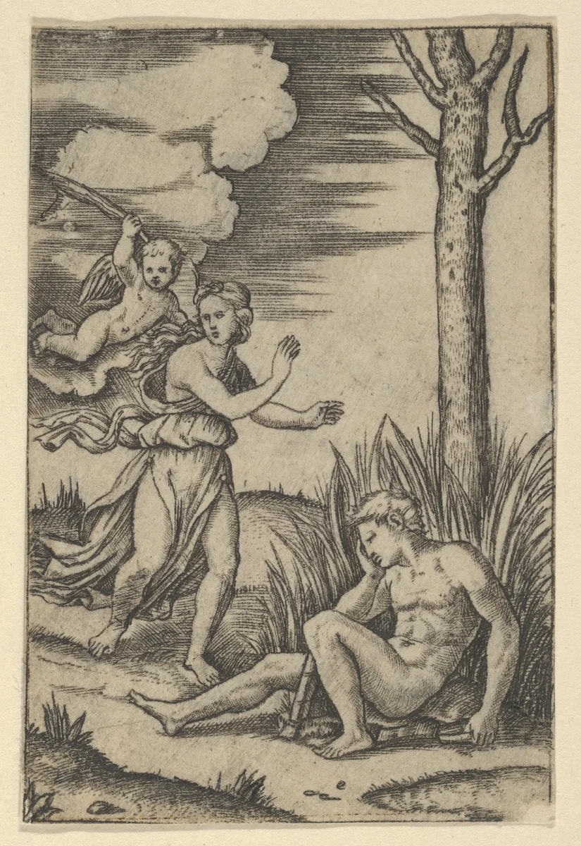 Diana followed by cupid at left, Endymion at right by Marcantonio Raimondi, print, 1495-1539