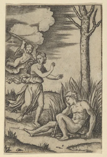 Diana followed by cupid at left, Endymion at right by Marcantonio Raimondi, print, 1495-1539