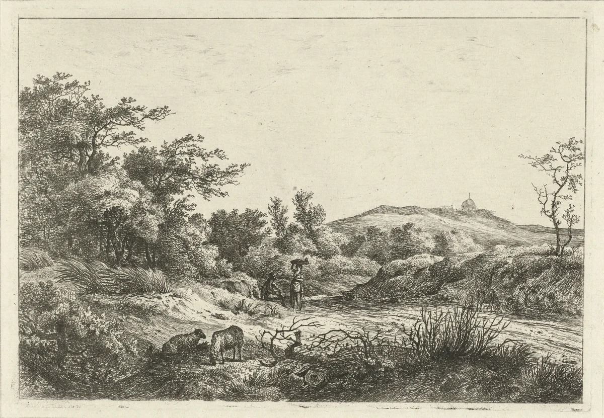 Landschap met herder en vrouw by Hermanus Fock, print, 1781-1822
