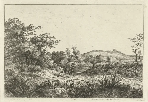 Landschap met herder en vrouw by Hermanus Fock, print, 1781-1822