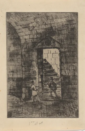 Twee figuren bij een trap by Alexander Schaepkens, print, 1830-1899