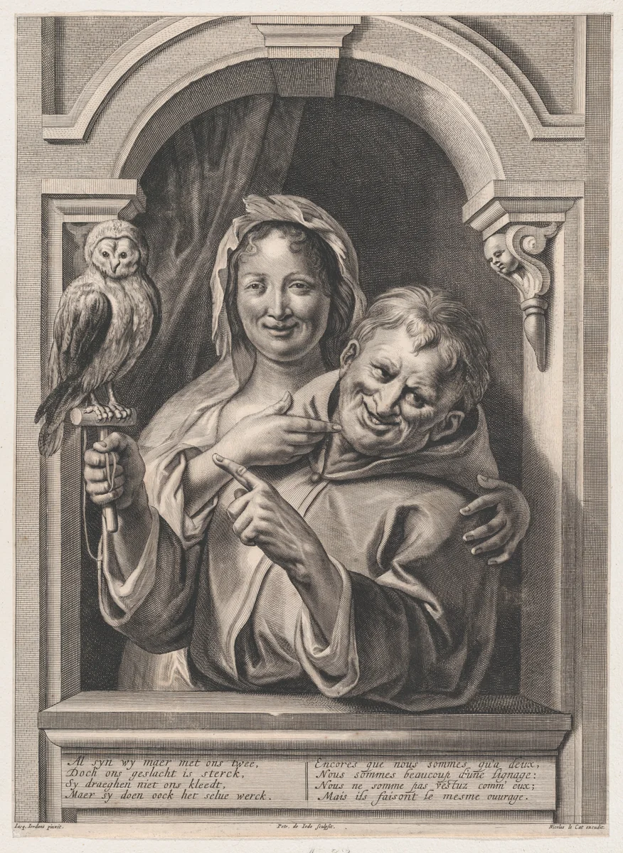 A Fool with an Owl and a Woman at a Window by Pieter de Jode II, print, 1600-1699